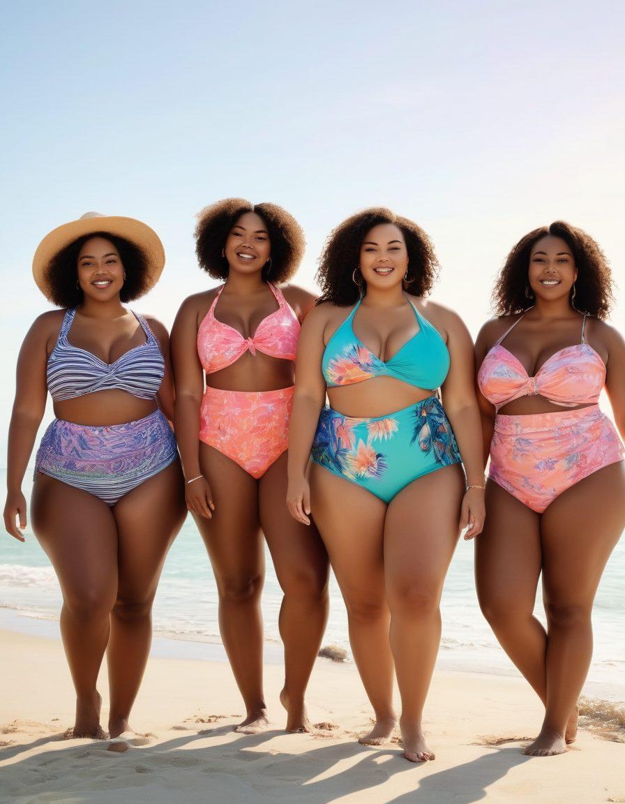 A diverse group of plus-size models joyfully wearing colorful and stylish swimwear on a sunlit beach, showcasing body positivity and confidence. The background features gentle waves and pastel skies, with playful beach accessories scattered around. Include elements of vibrant fashion trends that embrace all body shapes, with designs that highlight empowerment. Super-realistic. Vibrant colors. Bright and sunny atmosphere.