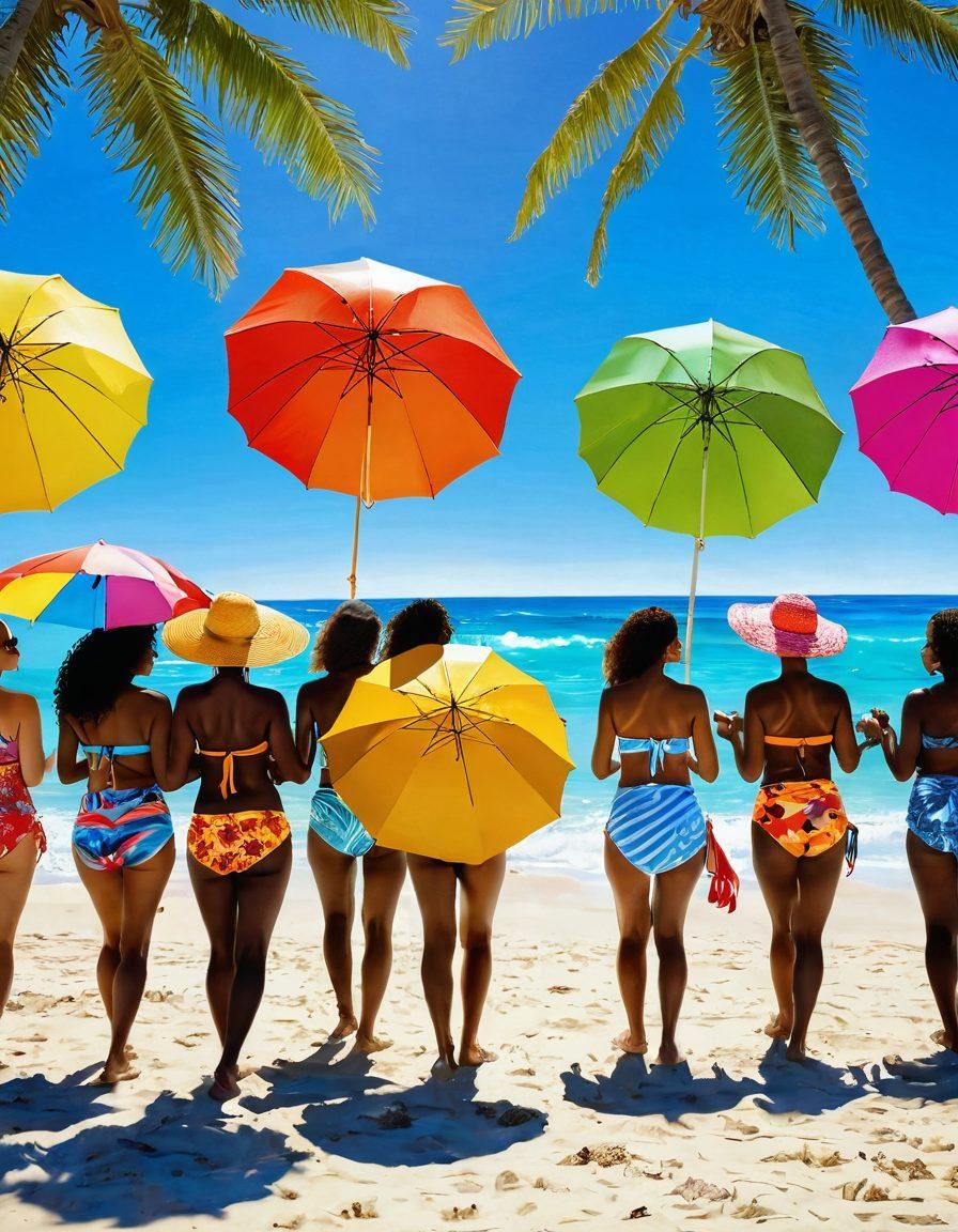 A radiant beach scene featuring a diverse group of friends in stylish, colorful beachwear, enjoying the sun by the ocean. Add palm trees swaying in a gentle breeze, with sparkling waves lapping at their feet. Brightly colored beach umbrellas and towels create a vibrant atmosphere, with a clear blue sky overhead. Capture the essence of summer joy and fashion. super-realistic. vibrant colors. cheerful atmosphere.